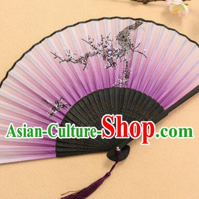 Chinese Traditional Folding Fans Classical Printing Plum Blossom Purple Accordion Silk Fans for Women