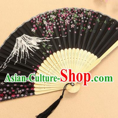 Chinese Traditional Folding Fans Classical Printing Plum Blossom Black Accordion Silk Fans for Women