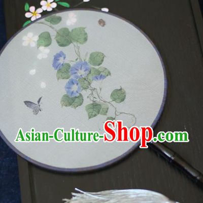 Chinese Traditional Printing Blue Petunia Silk Round Fans Classical Hanfu Palace Fans for Women