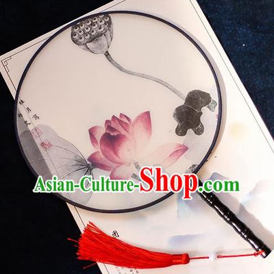 Chinese Traditional Printing Red Lotus Silk Round Fans Handmade Classical Palace Fans for Women