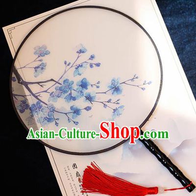 Chinese Traditional Printing Blue Plum Blossom Silk Round Fans Handmade Classical Palace Fans for Women