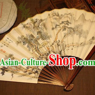 Chinese Traditional Handmade Printing Stone Pine Xuan Paper Fans Classical Rosewood Folding Fans for Men