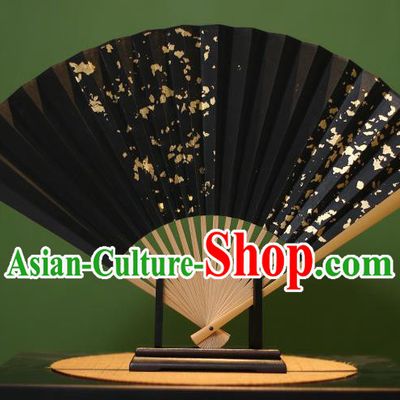 Chinese Traditional Handmade Golden Paillette Black Xuan Paper Fans Classical Folding Fans for Men