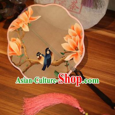 Handmade Chinese Traditional Embroidered Magnolia Silk Fans Classical Palace Fans for Women