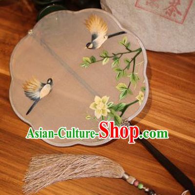 Handmade Chinese Traditional Embroidered Green Flower Silk Fans Classical Palace Fans for Women