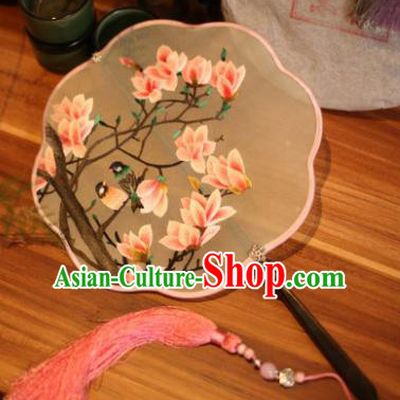 Handmade Chinese Traditional Embroidered Magnolia Flowers Silk Fans Classical Palace Fans for Women