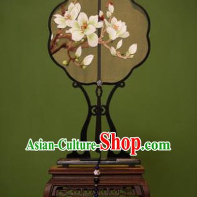 Handmade Chinese Traditional Embroidered White Magnolia Silk Fans Classical Palace Fans for Women