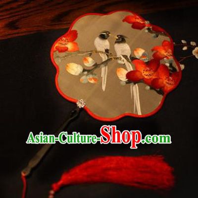 Handmade Chinese Traditional Embroidered Red Flowers Silk Fans Classical Palace Fans for Women