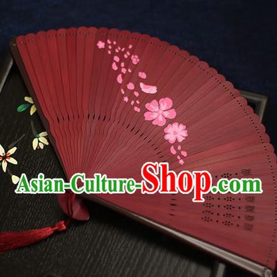 Chinese Handmade Printing Flowers Bamboo Red Fans Classical Accordion Traditional Folding Fans for Women
