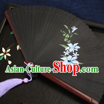 Chinese Handmade Printing Blue Flowers Bamboo Fans Classical Accordion Traditional Folding Fans for Women