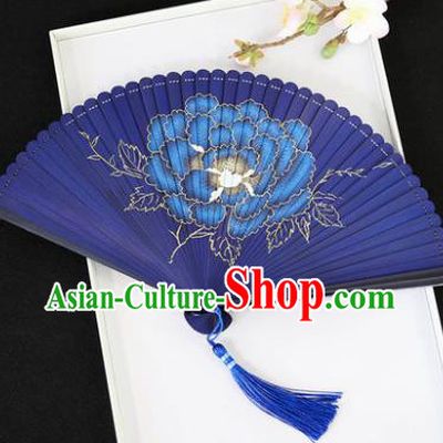 Chinese Handmade Printing Peony Blue Bamboo Fans Classical Accordion Traditional Folding Fans for Women