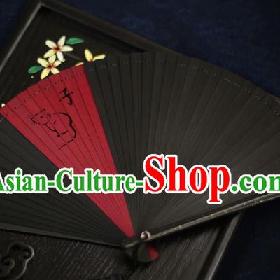 Chinese Handmade Carving Zodiac Rat Bamboo Fans Classical Accordion Traditional Folding Fans for Women
