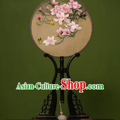 Handmade Chinese Double Side Silk Embroidered Magnolia Round Fan Traditional Classical Palace Fans for Women