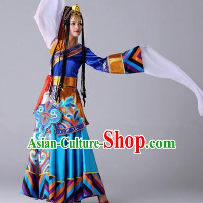 Chinese Traditional Ethnic Costume Zang Nationality Princess Folk Dance Blue Dress for Women