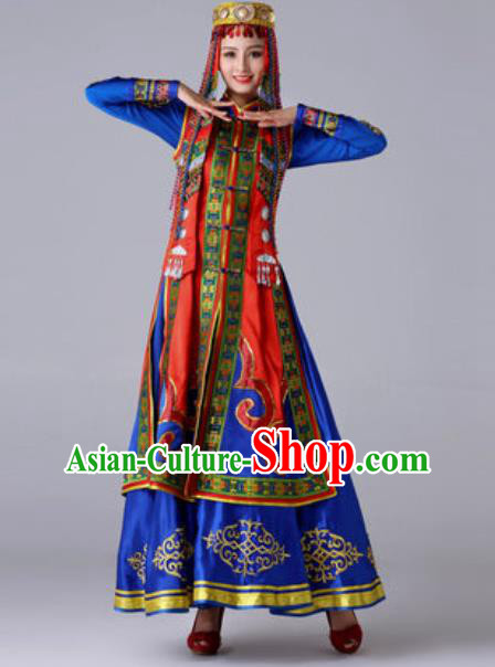 Chinese Traditional Ethnic Princess Costume Mongolian Nationality Folk Dance Blue Dress for Women Chinese Traditional Ethnic Princess Costume Mongolian Nationality Folk Dance Blue Dress for Women