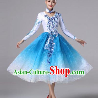 Top Grade Modern Dance Costume Traditional Spring Festival Gala Stage Performance Blue Bubble Dress for Women
