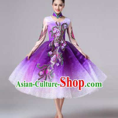 Top Grade Modern Dance Costume Traditional Spring Festival Gala Stage Performance Purple Bubble Dress for Women
