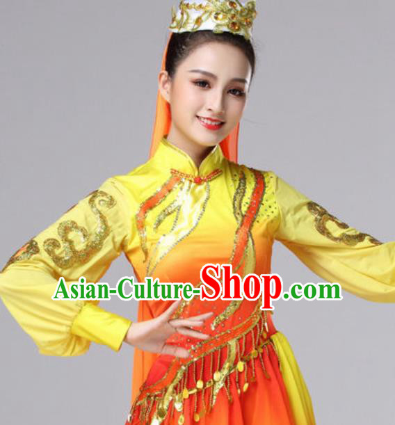 Chinese Traditional Ethnic Princess Costume Uyghur Nationality Folk Dance Yellow Clothing for Women Chinese Traditional Ethnic Princess Costume Uyghur Nationality Folk Dance Yellow Clothing for Women