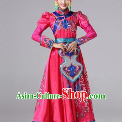 Chinese Traditional Ethnic Princess Costume Mongolian Nationality Folk Dance Rosy Dress for Women