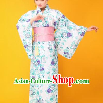 Japanese Traditional Handmade Printing Furisode Kimono Green Dress Asian Japan Geisha Yukata Costume for Women