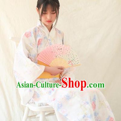 Japanese Traditional Handmade Printing Roses Furisode Kimono White Dress Asian Japan Geisha Yukata Costume for Women