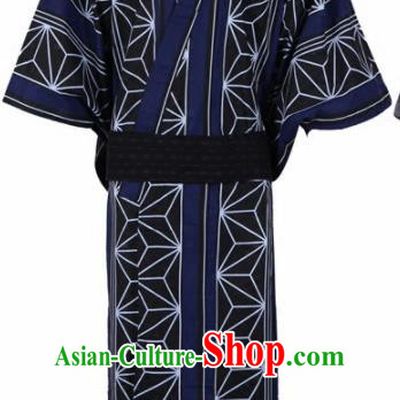 Japanese Traditional Samurai Printing Navy Kimono Asian Japan Handmade Warrior Yukata Costume for Men