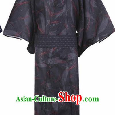 Japanese Traditional Samurai Printing Deep Grey Kimono Asian Japan Handmade Warrior Yukata Costume for Men