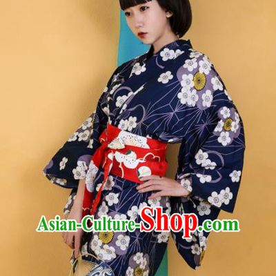 Japanese Traditional Handmade Printing Navy Kimono Dress Asian Japan Geisha Yukata Costume for Women