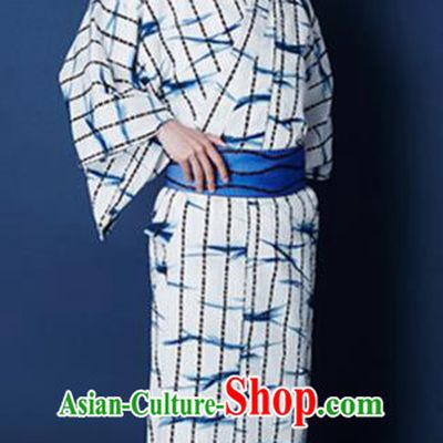 Traditional Japanese Samurai Printing Bamboo White Kimono Robe Asian Japan Handmade Warrior Yukata Costume for Men