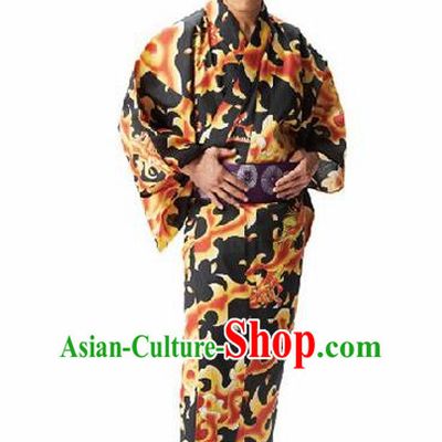 Traditional Japanese Samurai Printing Black Kimono Robe Asian Japan Handmade Warrior Yukata Costume for Men