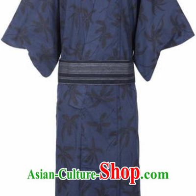 Traditional Japanese Samurai Printing Flowers Navy Kimono Robe Asian Japan Handmade Warrior Yukata Costume for Men