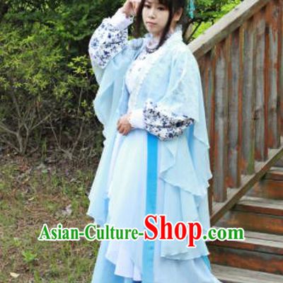 Chinese Traditional Cosplay Peri Princess Costume Ancient Swordswoman Blue Hanfu Dress for Women