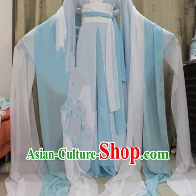Chinese Traditional Cosplay Swordswoman Costume Ancient Peri Princess Blue Hanfu Dress for Women