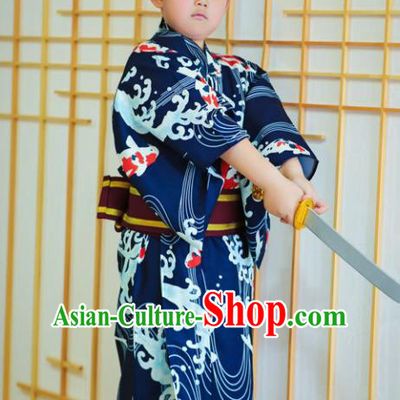 Japanese Traditional Handmade Kimono Asian Japan Boys Printing Navy Yukata Costume for Kids