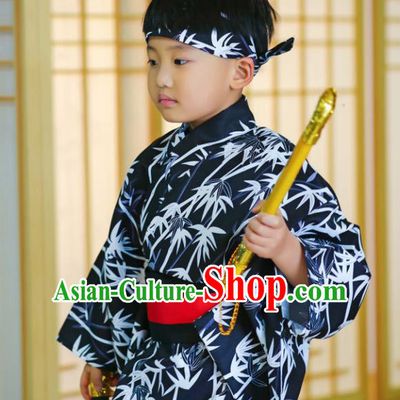 Japanese Traditional Handmade Kimono Asian Japan Boys Printing Bamboo Navy Yukata Costume for Kids