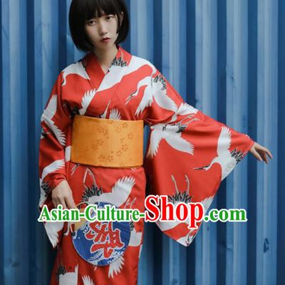 Japanese Traditional Handmade Furisode Kimono Red Dress Asian Japan Geisha Yukata Costume for Women