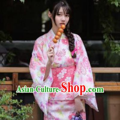 Handmade Japanese Geisha Printing Pink Furisode Kimono Dress Asian Japan Traditional Yukata Costume for Women