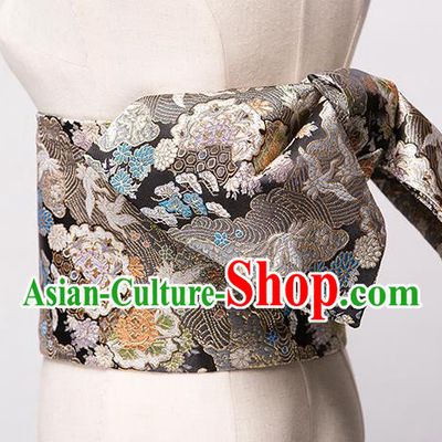 Japanese Traditional Handmade Kimono Belts Asian Japan Geisha Yukata Black Brocade Waistband for Women