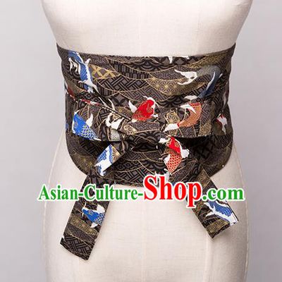 Japanese Traditional Kimono Printing Fishes Black Belts Asian Handmade Japan Geisha Yukata Waistband for Women