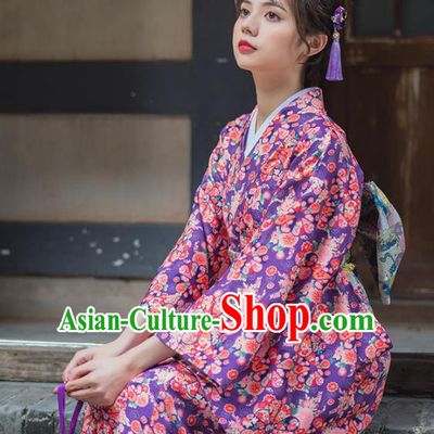 Handmade Japanese Traditional Costume Purple Furisode Kimono Dress Asian Japan Yukata for Women