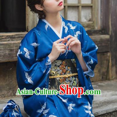 Handmade Japanese Traditional Costume Deep Blue Furisode Kimono Dress Asian Japan Yukata for Women