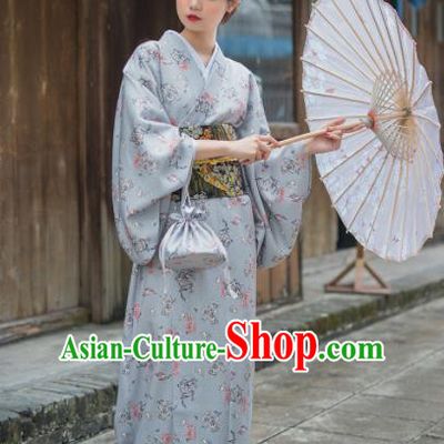 Handmade Japanese Traditional Costume Grey Furisode Kimono Dress Asian Japan Yukata for Women