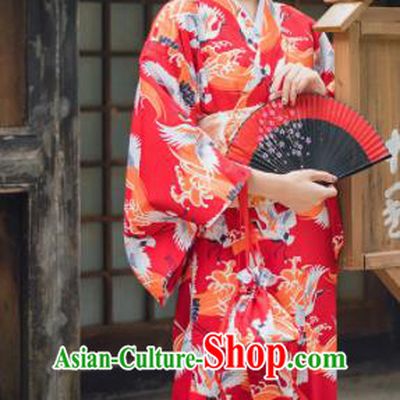 Handmade Japanese Traditional Costume Printing Cranes Red Furisode Kimono Dress Asian Japan Yukata for Women