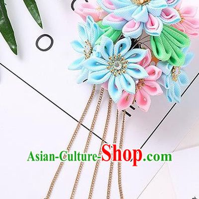 Japanese Traditional Kimono Hair Accessories Handmade Japan Geisha Blue Flowers Hairpins for Women