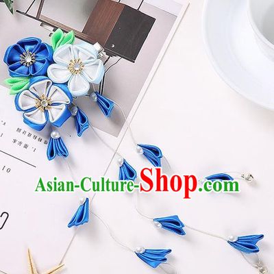 Japanese Traditional Kimono Hair Accessories Handmade Japan Geisha Blue Ribbon Tassel Hairpins for Women