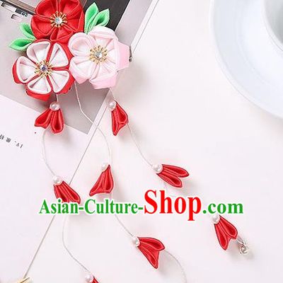 Japanese Traditional Kimono Hair Accessories Handmade Japan Geisha Red Ribbon Tassel Hairpins for Women