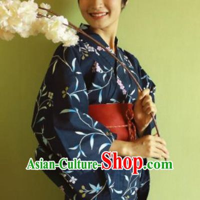 Japanese Traditional Costume Geisha Printing Navy Furisode Kimono Asian Japan Yukata Dress for Women