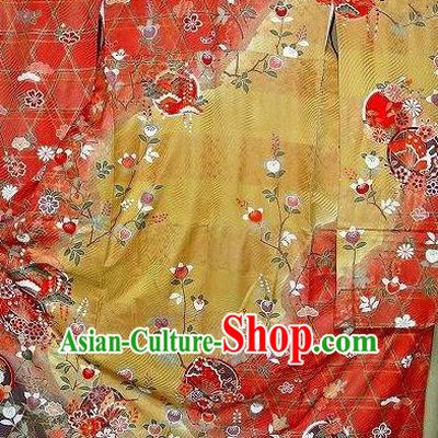 Japanese Traditional Costume Geisha Red Brocade Furisode Kimono Asian Japan Yukata Dress for Women