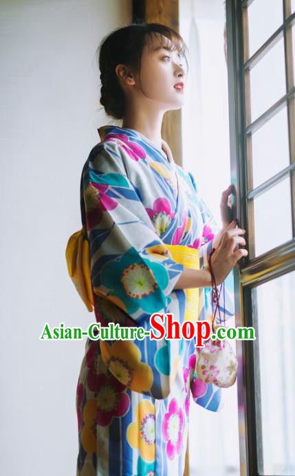 Japanese Traditional Costume Geisha Blue Furisode Kimono Dress Asian Japan Yukata for Women Japanese Traditional Costume Geisha Blue Furisode Kimono Dress Asian Japan Yukata for Women