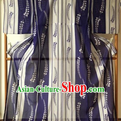 Japanese Traditional Costume Geisha Printing Royalblue Furisode Kimono Asian Japan Yukata Dress for Women